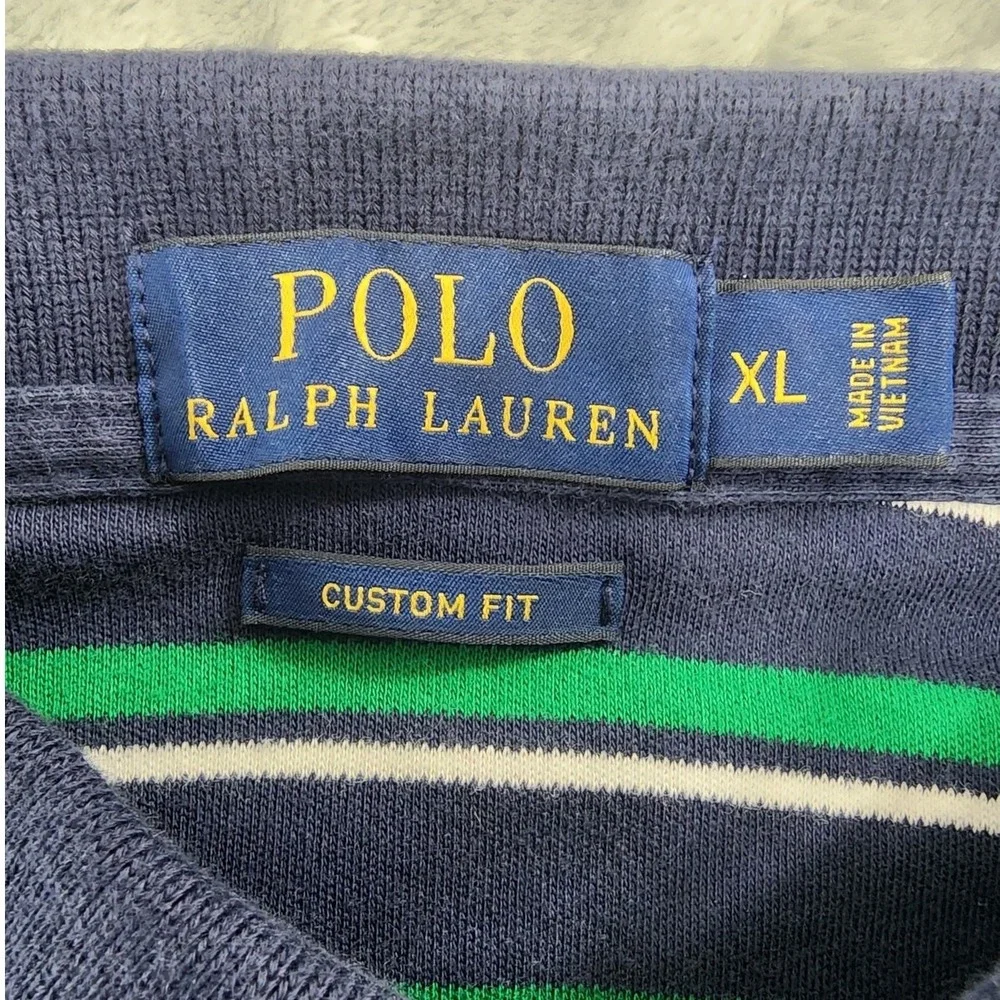 Vintage 90s Ralph Lauren Shirt Mens XL Blue Green Striped Custom Fit Polo Preppy